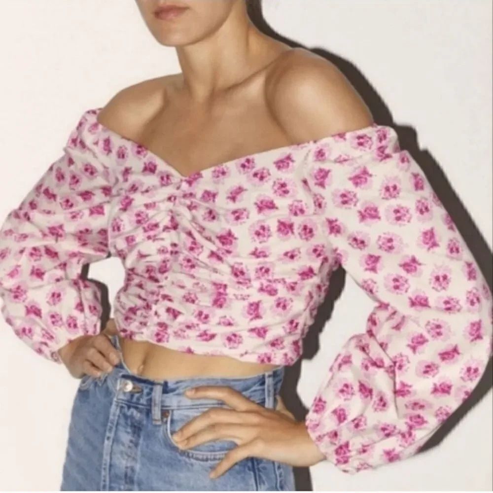 NEW Zara Floral Bardot Shirred Coquette Puff Sleeve Cottagecore Crop Top Size XS